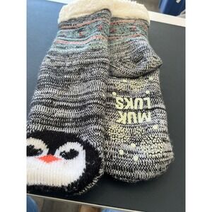 Muk Luks Penguin Sherpa Lined Cozy Slipper Socks Non Slip Grippers